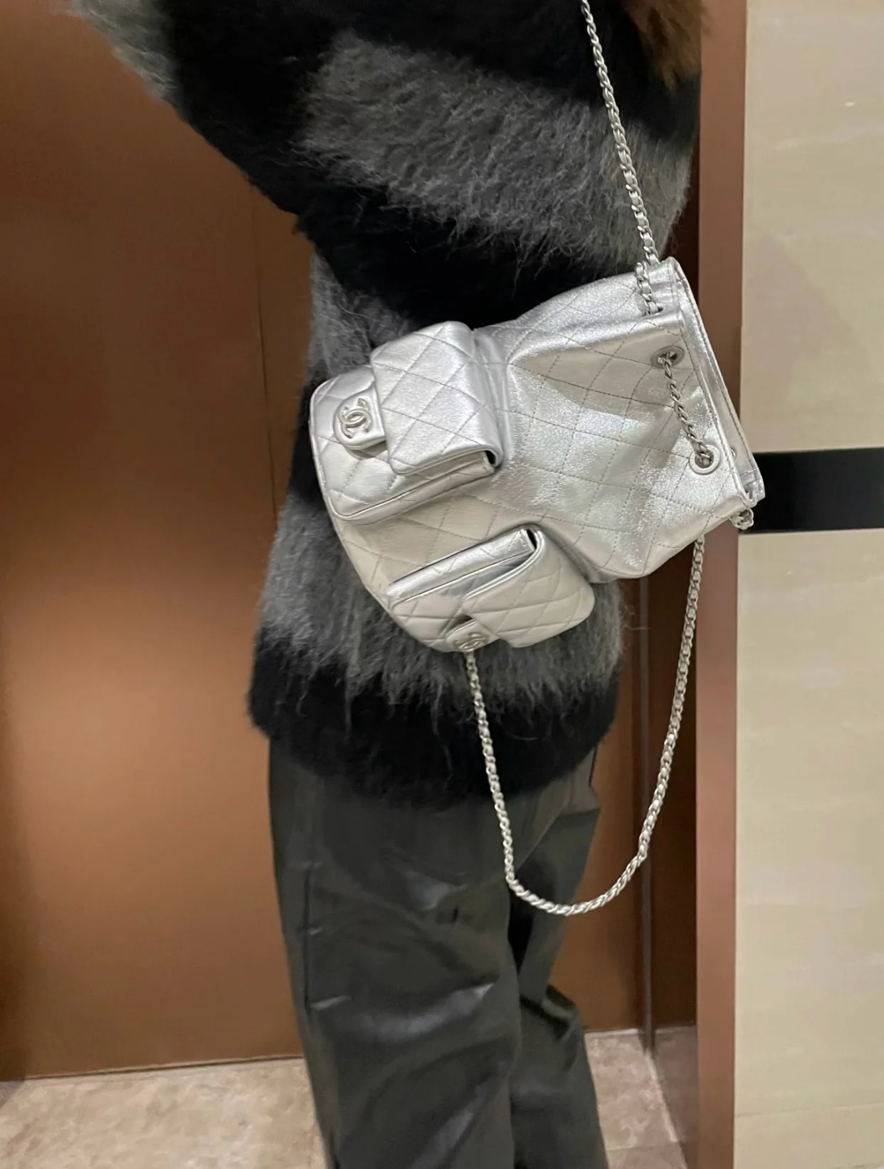 Рюкзак Chanel 25c на завязках - серебристый