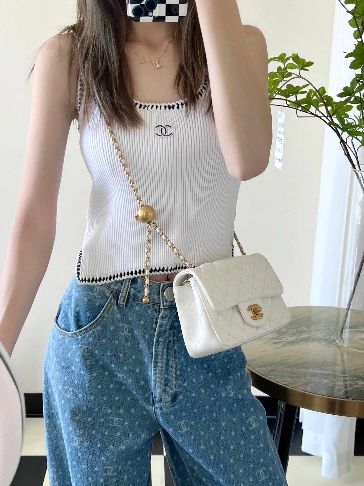 Chanel CF Gold Ball Square Fat Man - White