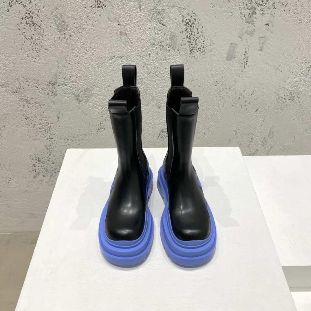 BV-22ss - Британские ретро-сапоги до середины икры - Унисекс - Черный с синей подошвой