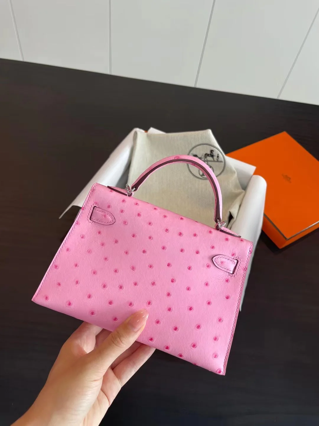 Миниатюрная пряжка Hermes Kelly Mini 2nd Generation из страусиной кожи с эффектом ?пузырьковой пудры?