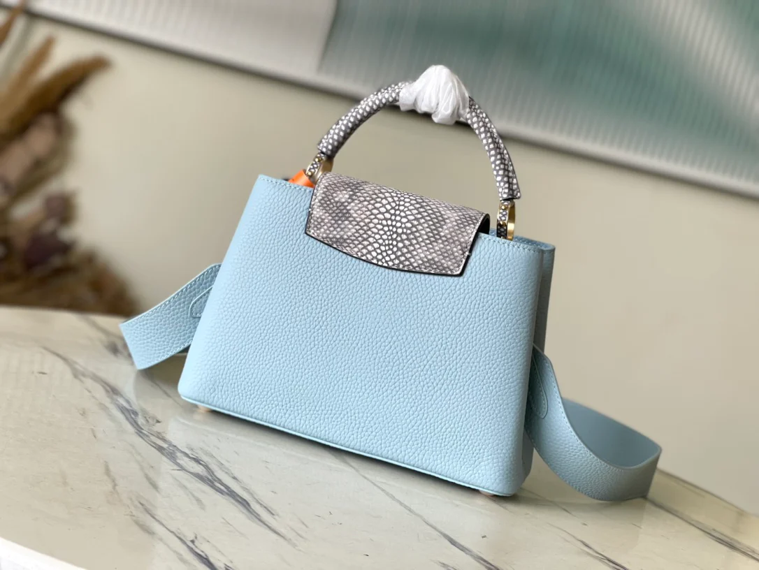 m21166-LV-Taurilon Leather-Capucines Handbag-Snake Blue-Smack Small Size