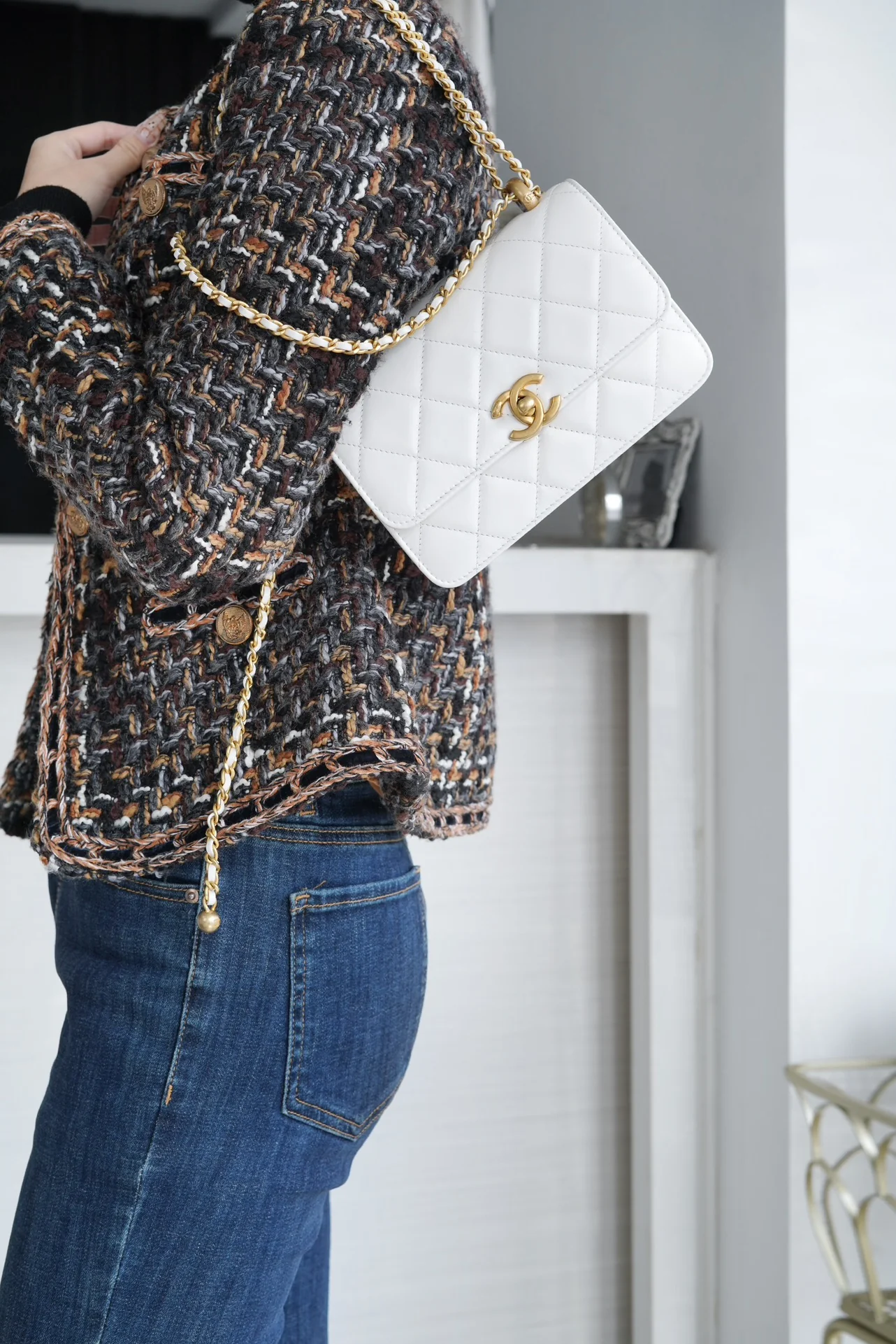 Chanel 24c Double Gold Ball CF Mini 19 White