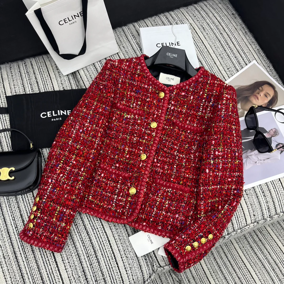 Celine - 2403 - Новая красная твидовая куртка для ранней весны 2024 года