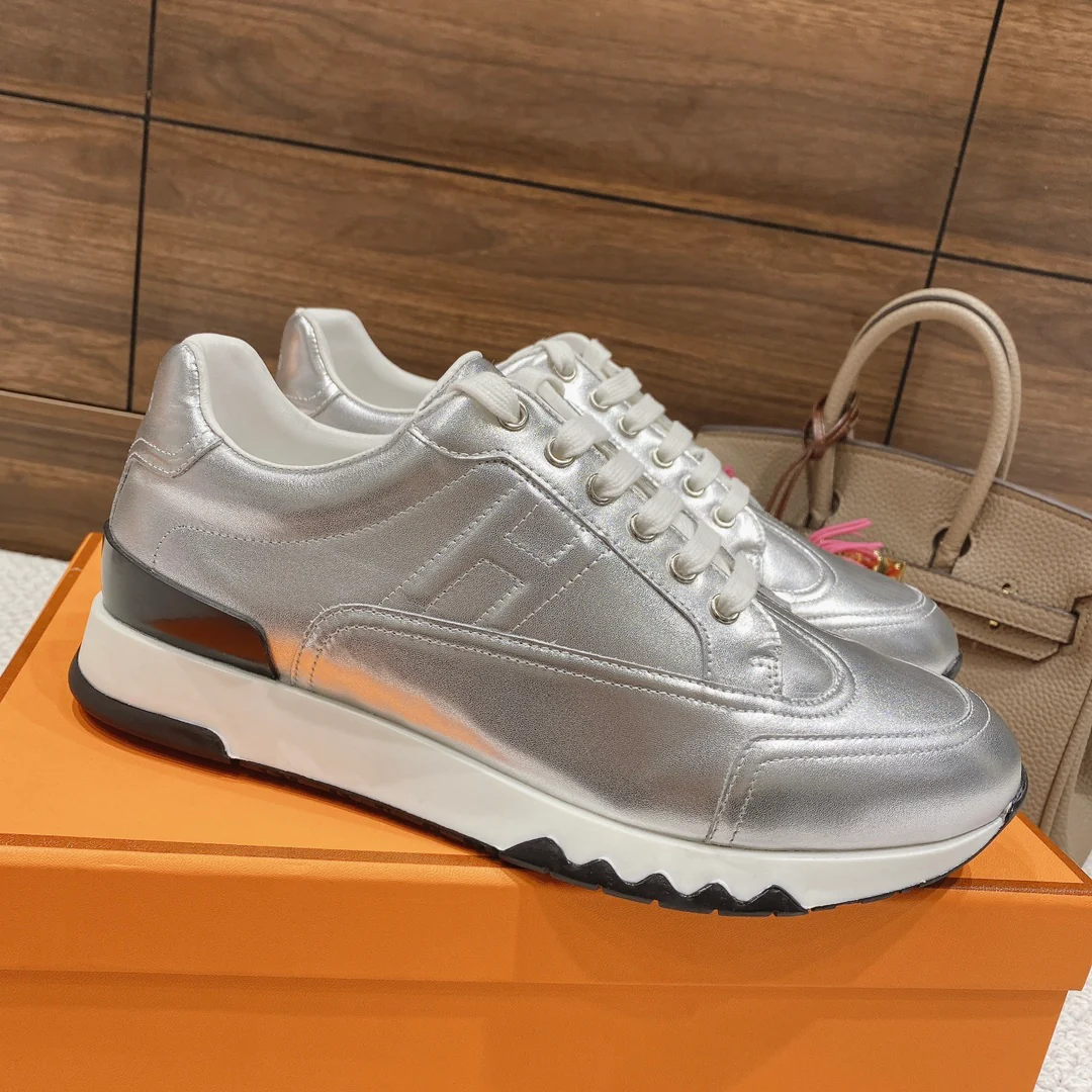 Новинка весны 2022 года от Hermes - Кожаные повседневные кроссовки - Унисекс - Серебристые