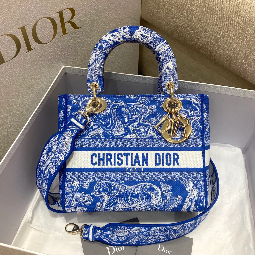 Сумка Dior Lady D Lite - вышивка на холсте - синий тигр - 24 см