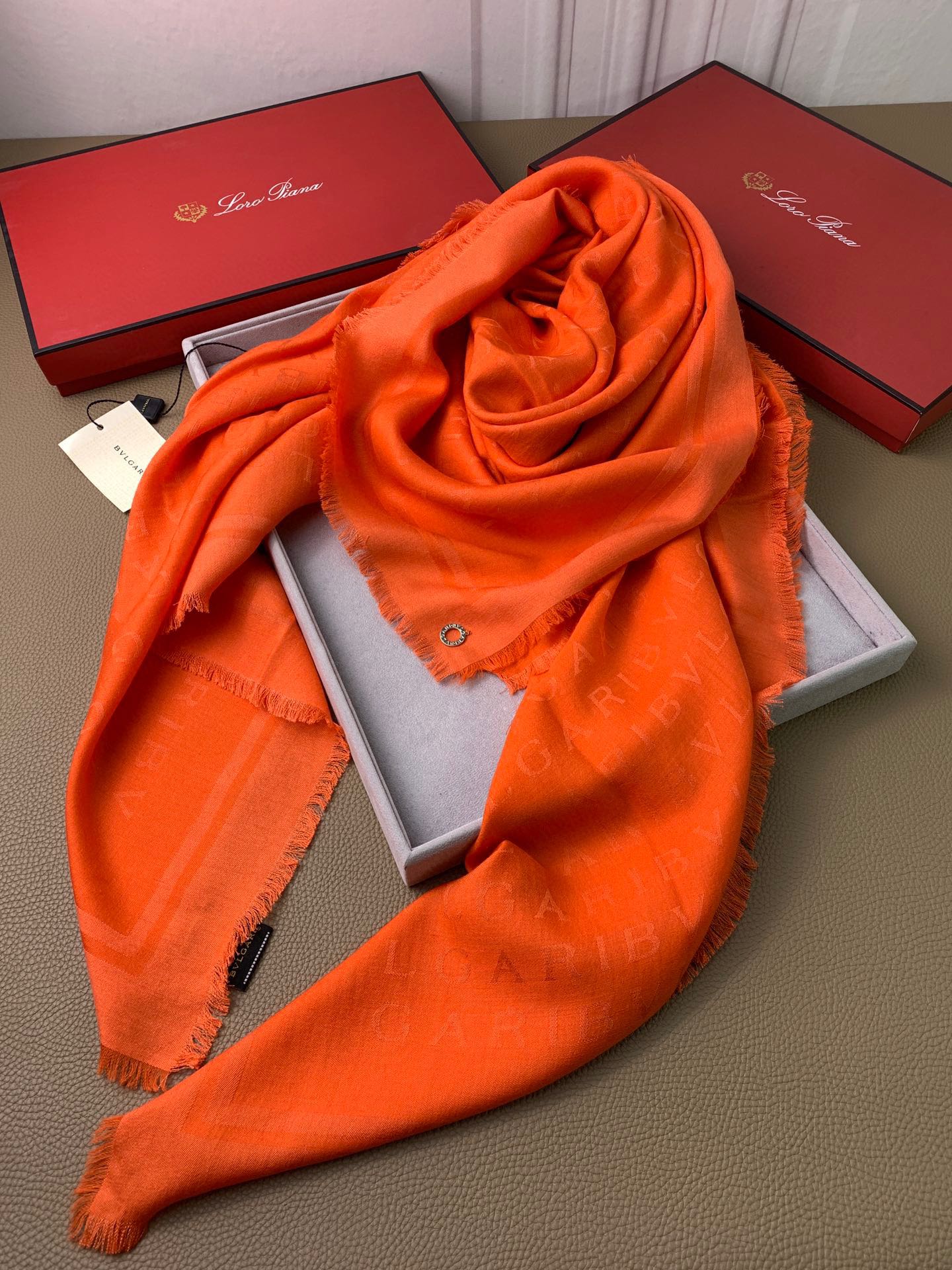 Loro Piana - Жаккардовый шарф с тонким узором - 140 см - 60 см - Шерсть - 40 см - Шелк - Оранжевый