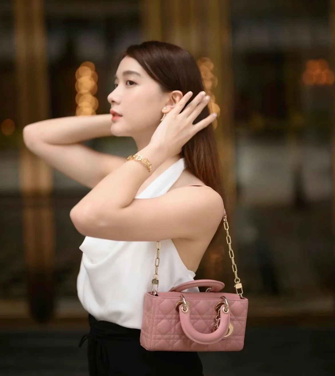 Dior Ladyd Joy из овечьей кожи с золотой пряжкой, размер S, розовый.