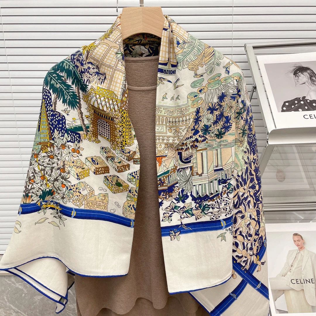 Большой двусторонний шарф Hermes - 136 см - 30 - Шелк 70 - Шерсть - 8