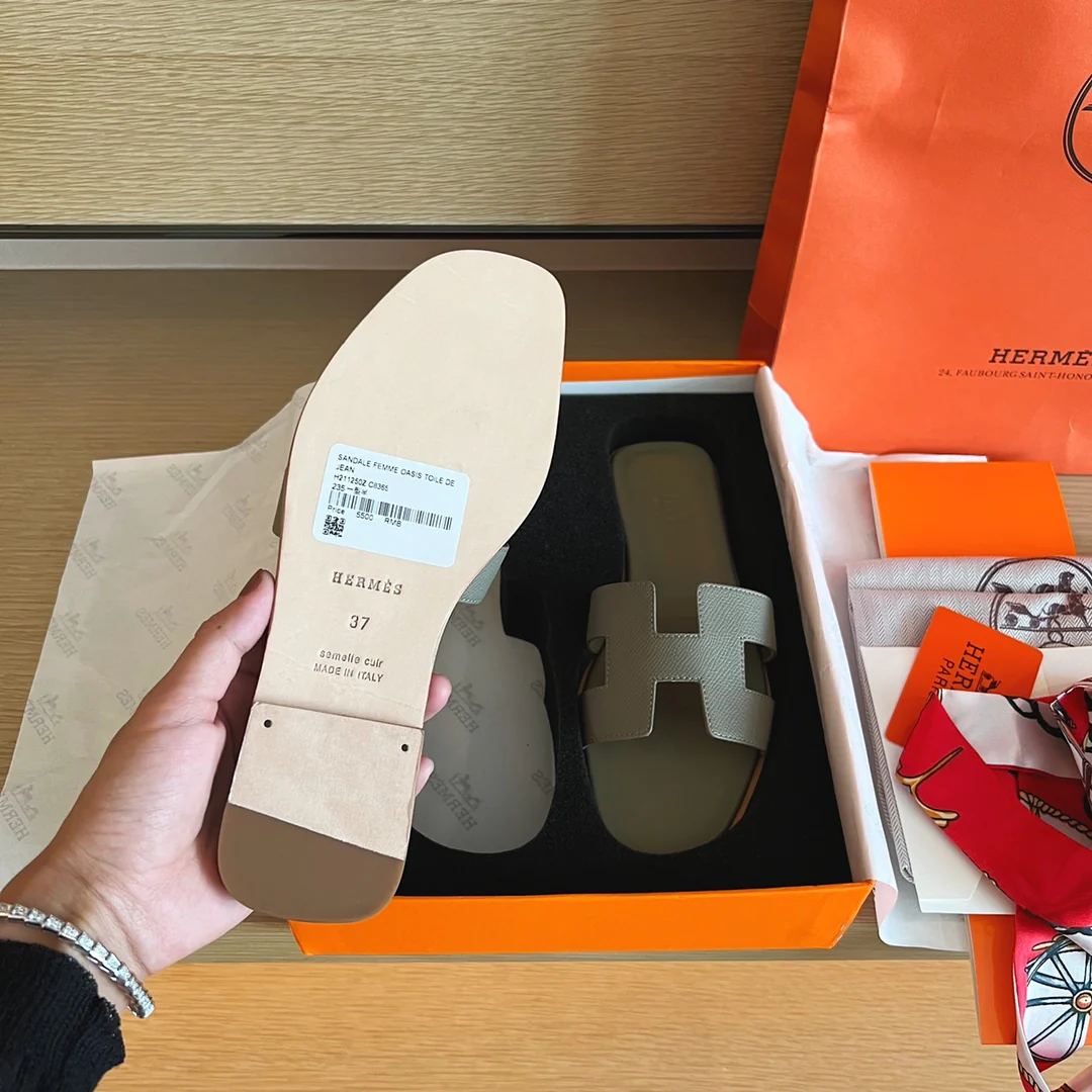 Тапочки Hermes-h на плоской подошве - серия с принтом пальмовых листьев - подошва с полным покрытием