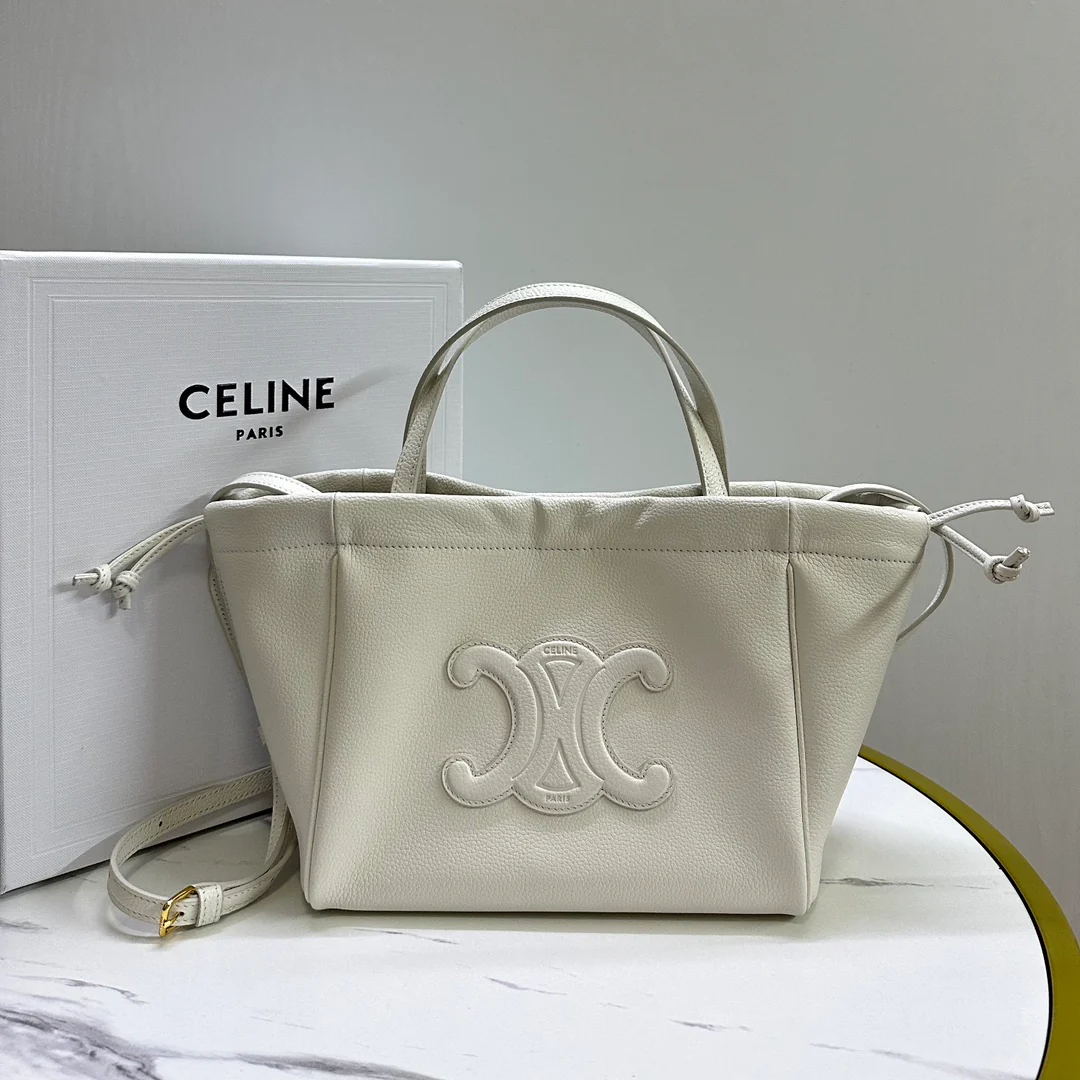 Сумка Celine Cabas Triomphe из гладкой кожи с завязками — кремовый цвет — маленькая