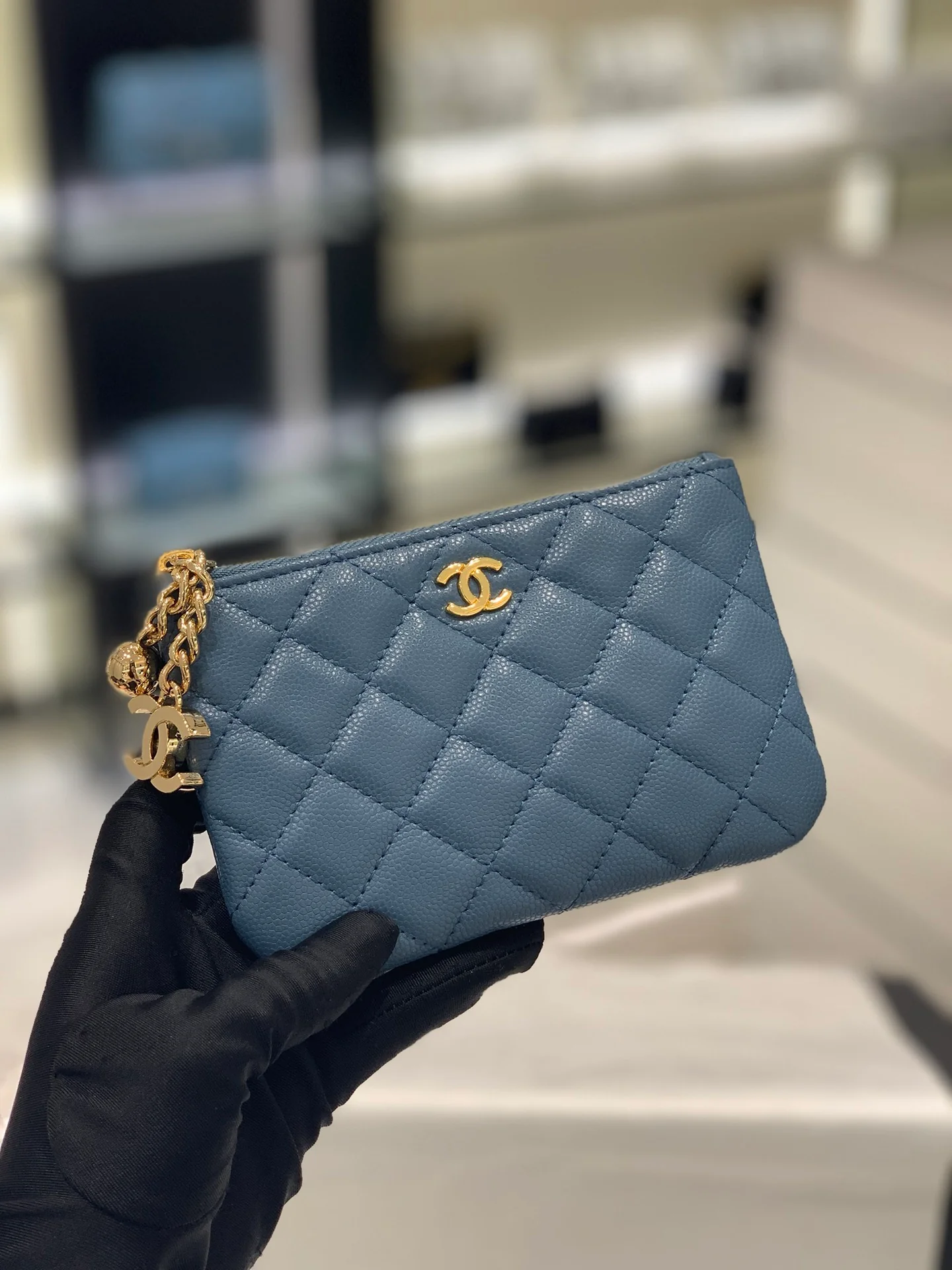 Chanel-经典双C 蓝色拉链零钱包/钥匙包