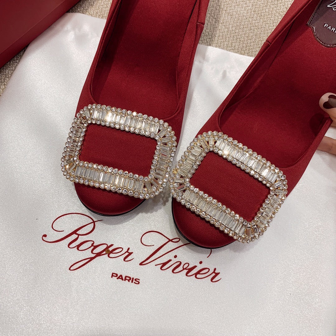 Туфли на банановом каблуке RV-7-5 см - Шелковая пряжка со стразами - Красные