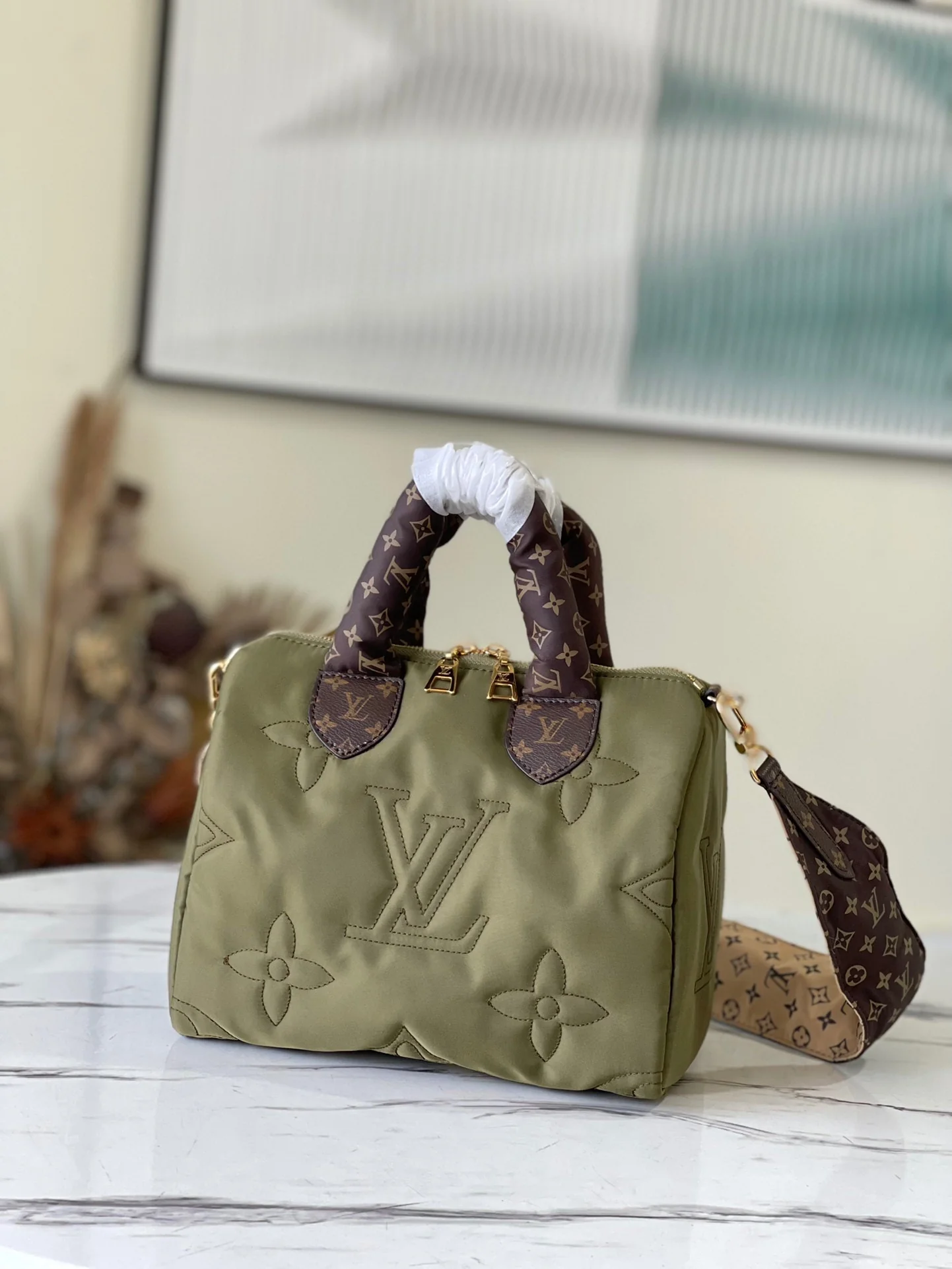 m59009-LV-Speedy-Bandouliere-25 Boston Bag-Khaki Green