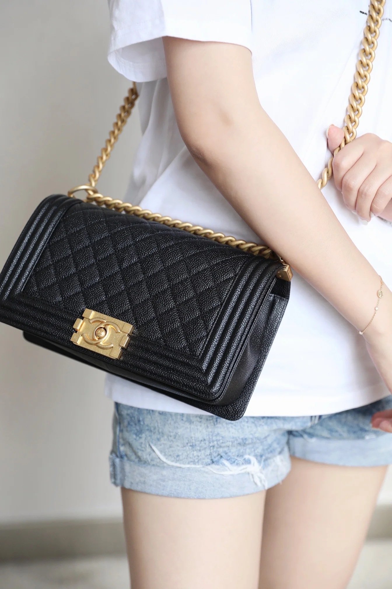 Chanel Le Boy Crystal Diamond Pattern Caviar - Medium - Black Gold