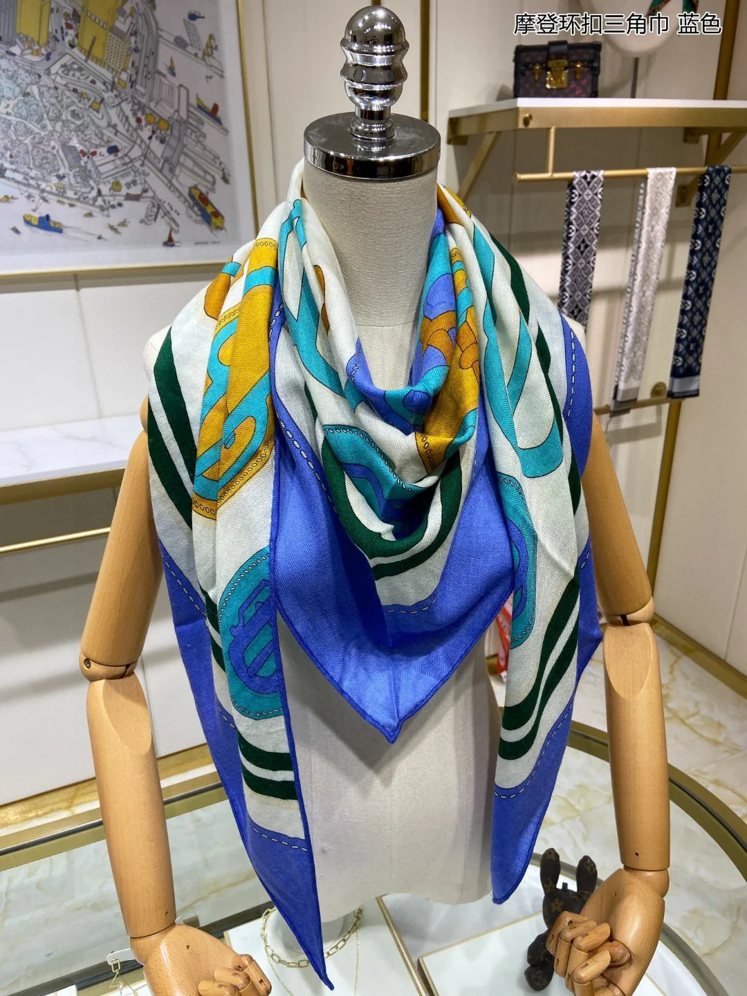 LV - Современный треугольный шарф с пряжкой - 94 - 188 - 70 - Кашемир - 30 - Шелк - Синий