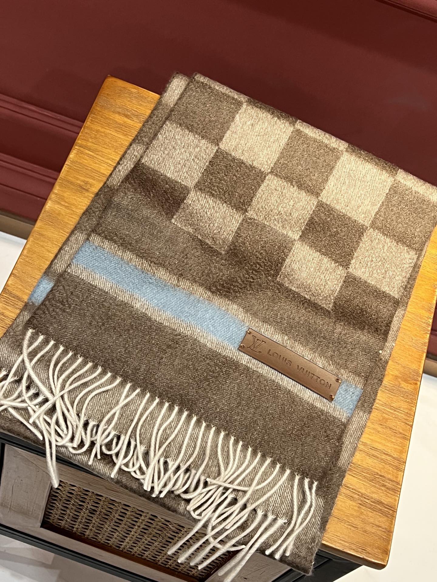 Двусторонний шарф LV Damier - 30 см (190 см) - с кисточками - 100% кашемир - коричневый