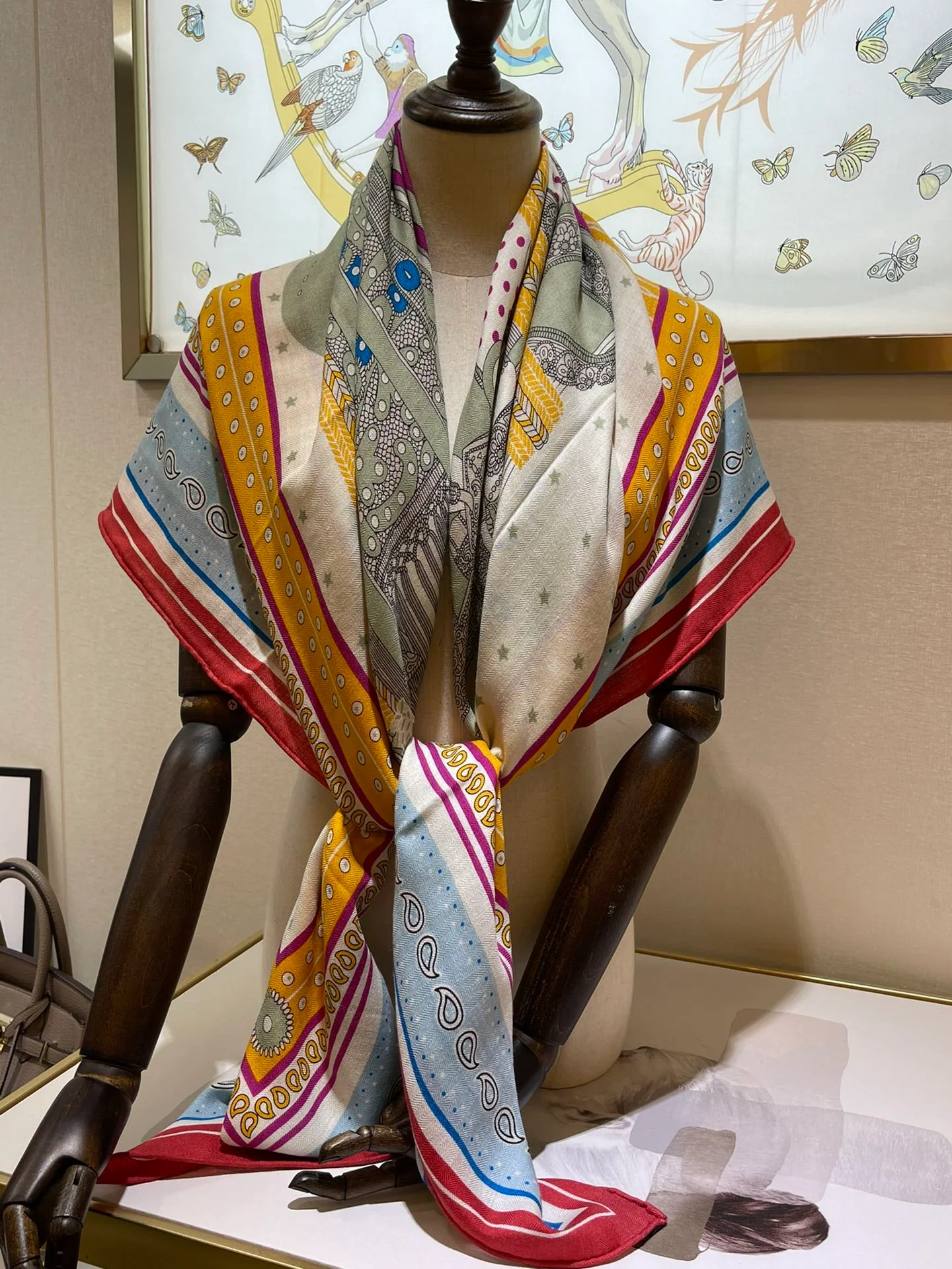 Бархатный шарф Hermes - 140 см - 30 - Шелк 70 - Шерсть