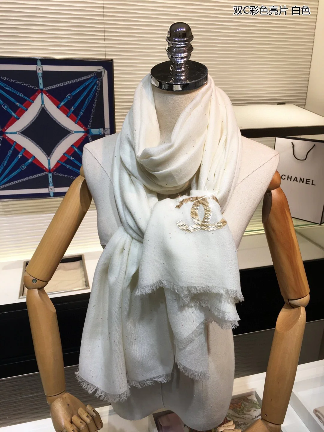 Длинный шарф Chanel Double C с пайетками - 100 см - 200 см - 100 см - Высококачественный чистый кашемир - Белый