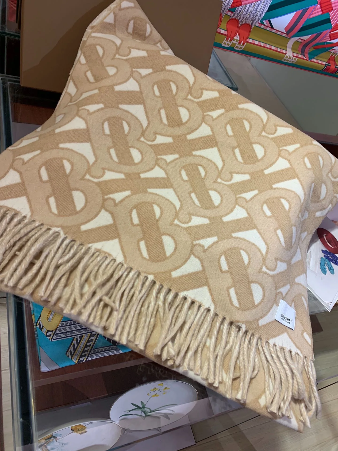 Классический шарф/шаль Burberry с логотипом TB - 50 см - 200 см - 100% кашемир - 2 шт.