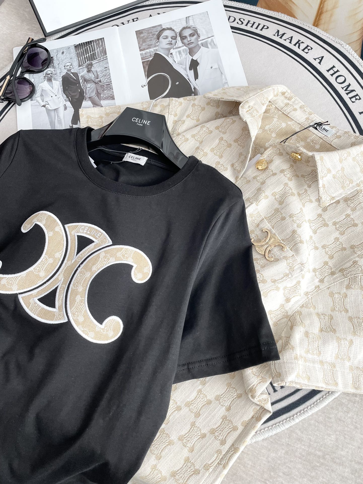 Джинсовая блузка Celine 2404 Jacquard Arc de Triomphe с коротким рукавом - черная