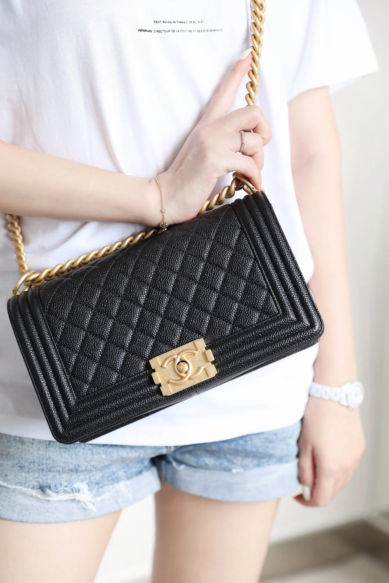 Chanel Le Boy Crystal Diamond Pattern Caviar - Medium - Black Gold