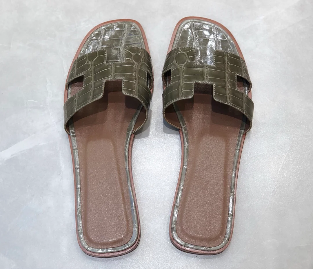 Тапочки Hermes - крокодиловая кожа - голубино-серый