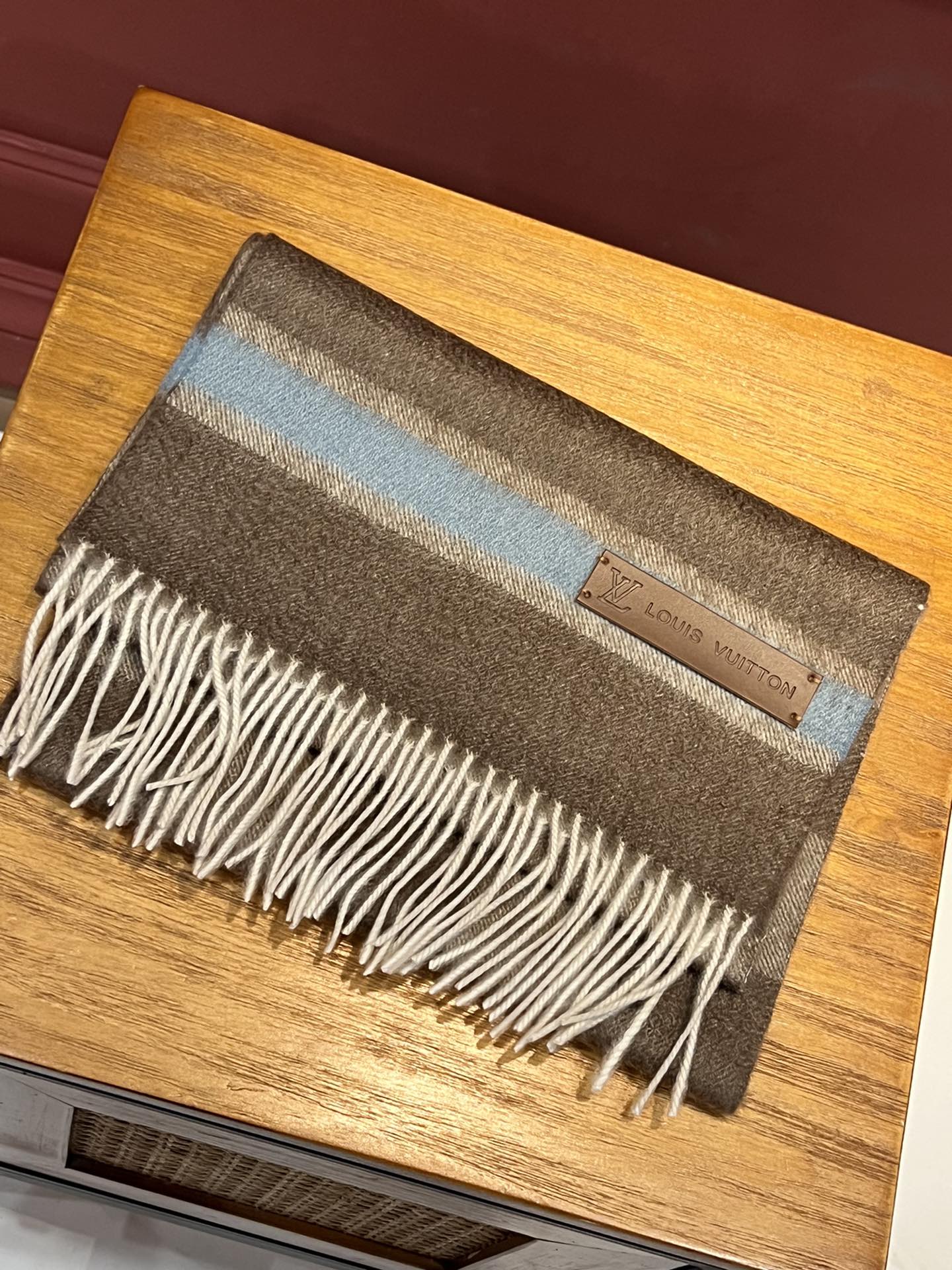 Двусторонний шарф LV Damier - 30 см (190 см) - с кисточками - 100% кашемир - коричневый