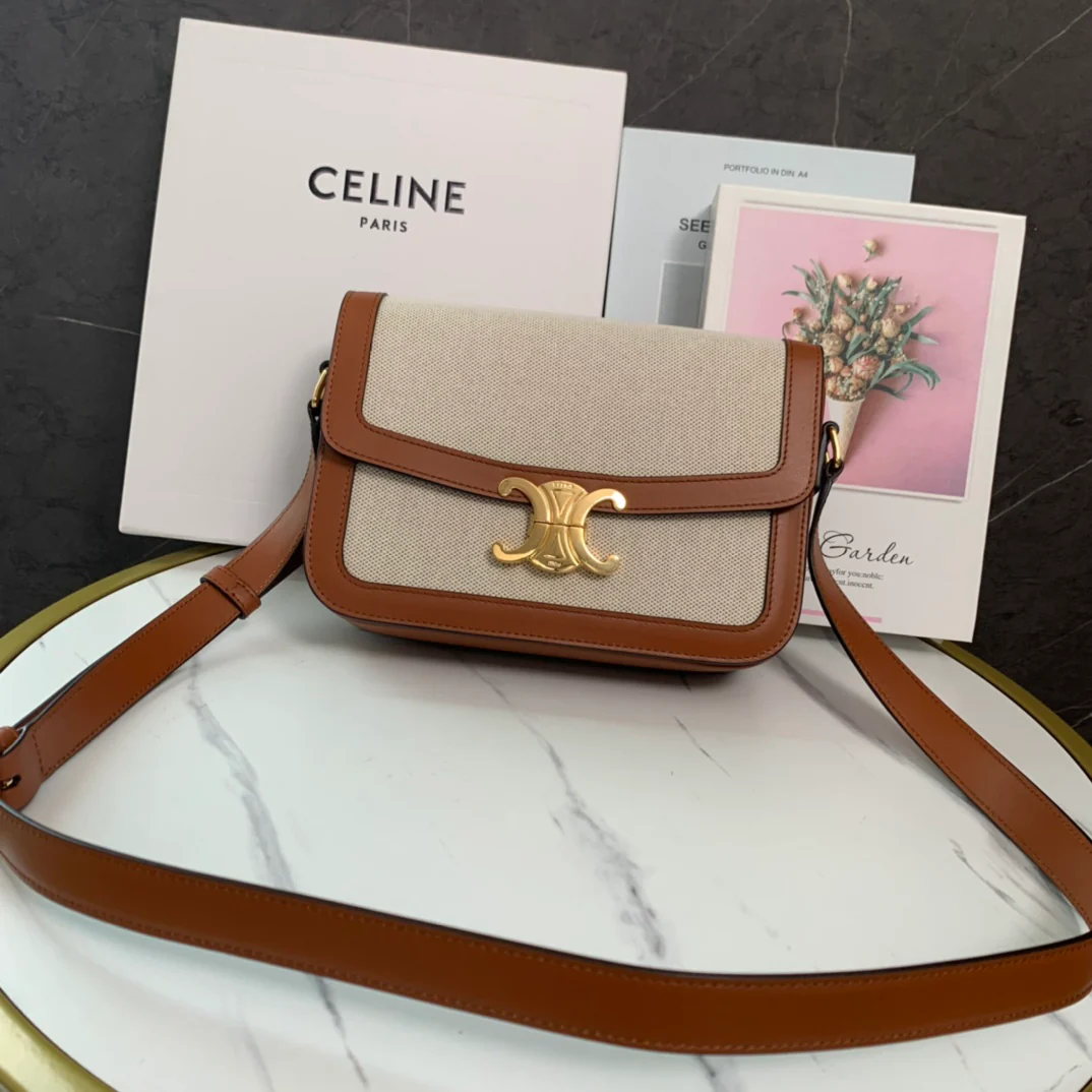 Сумка Celine Triomphe Classic из льна и белой кожи, коричнево-бежевого цвета, большой размер 22 см.
