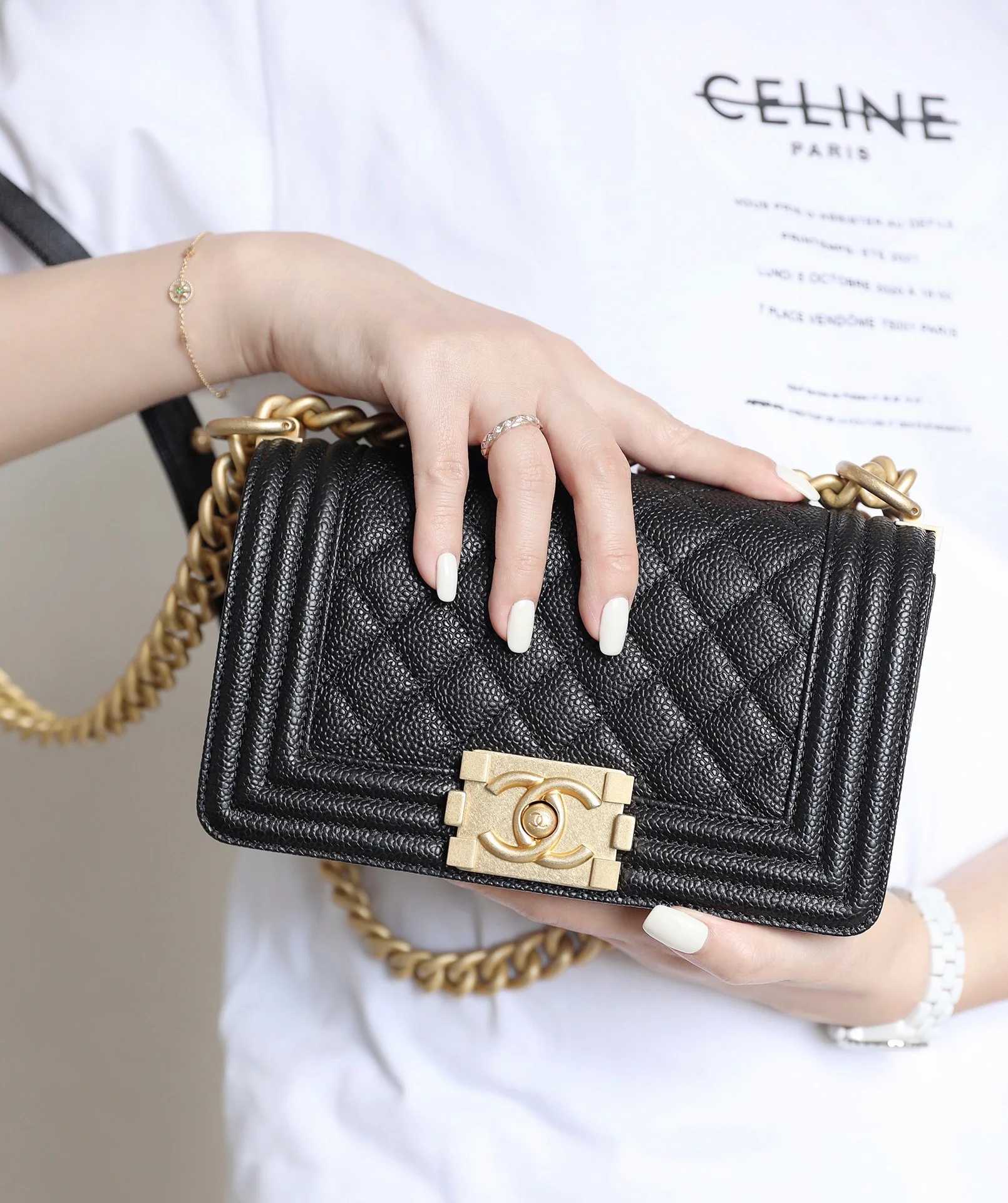 Chanel Le Boy Crystal Diamond Pattern Caviar - Medium - Black Gold