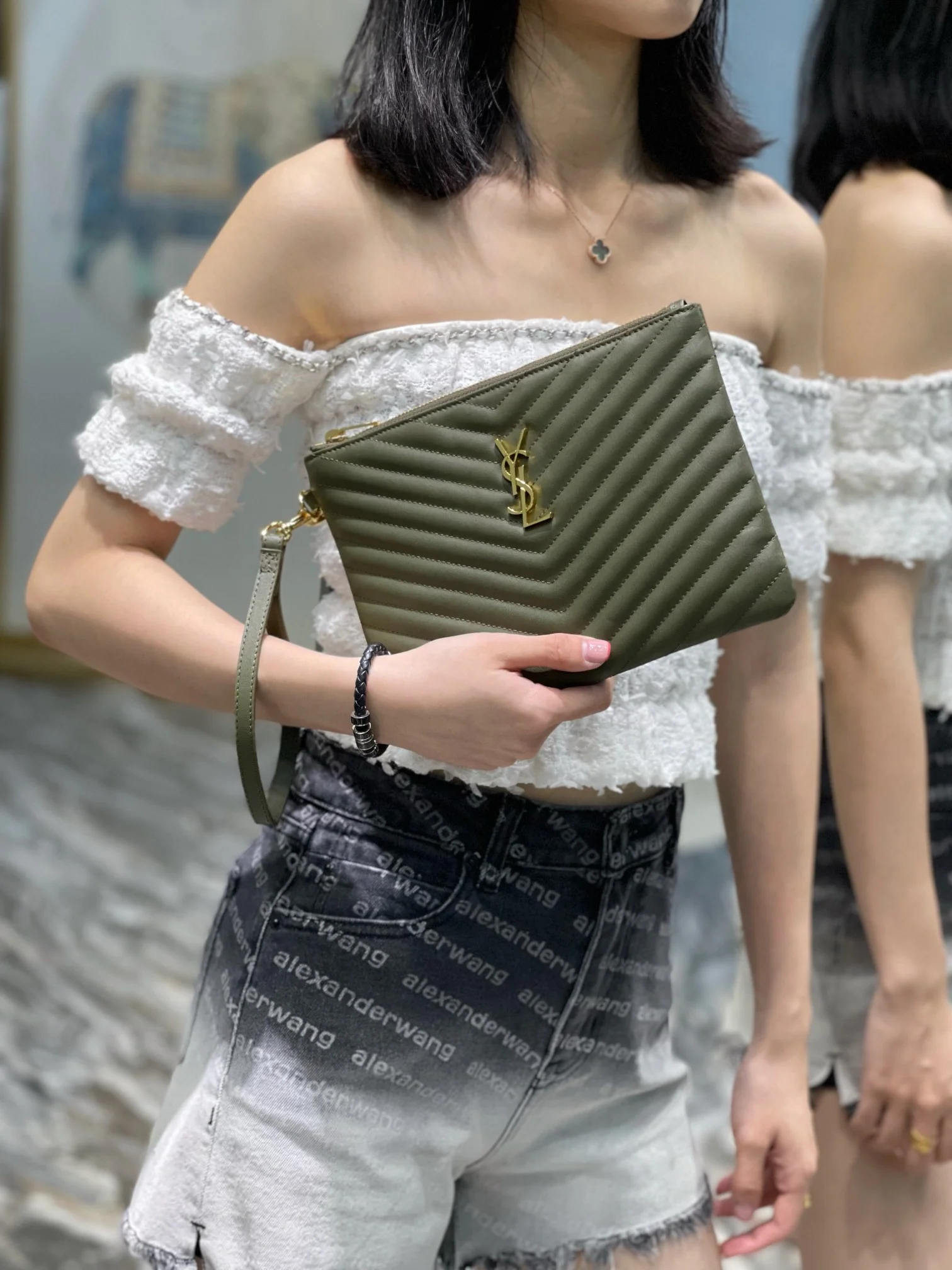 Клатч YSL Jacquard Patchwork Document Clutch — зеленый с золотой фурнитурой — 24 см