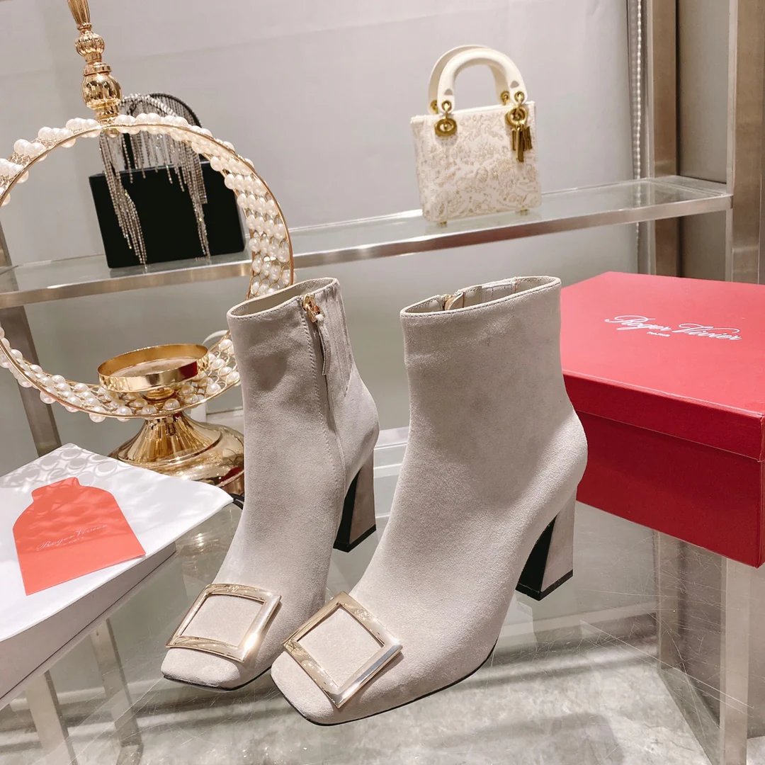 Обувь RV - Новинка осени 2022 - Металлические ботильоны с квадратным носком - Серая замша