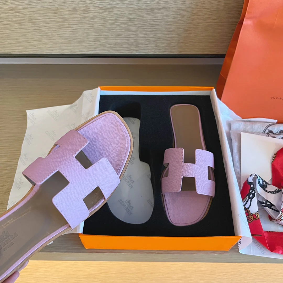 Тапочки Hermes-h на плоской подошве - серия с принтом пальмовых листьев - 1