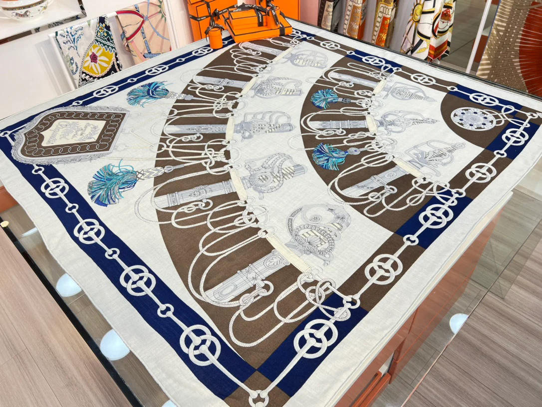 Бархатный шарф Hermes Sabre March - 140 см - 30 - Шелк 70 - Шерсть - 2