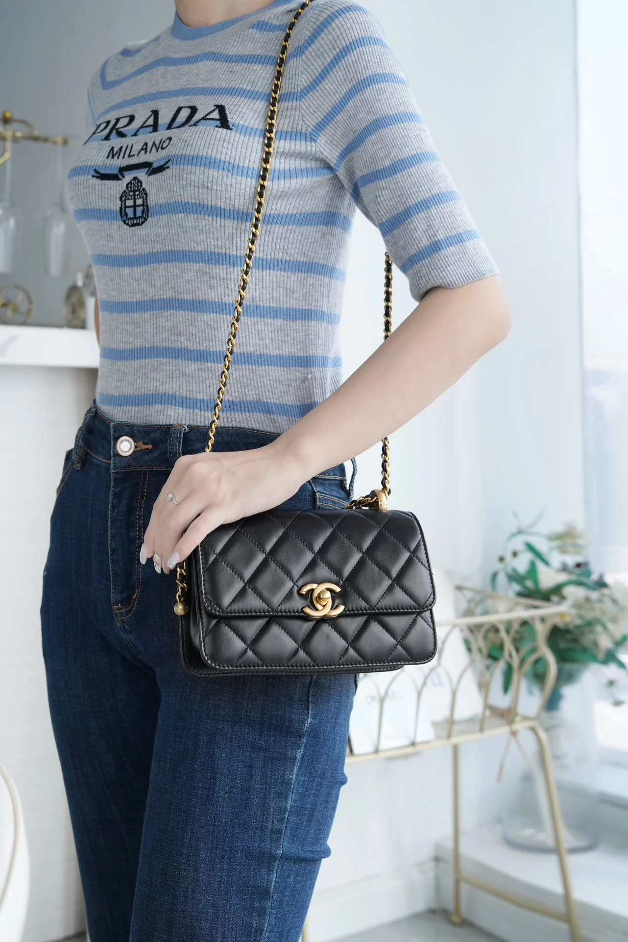 Chanel 24c Double Gold Ball CF Mini 19 Black