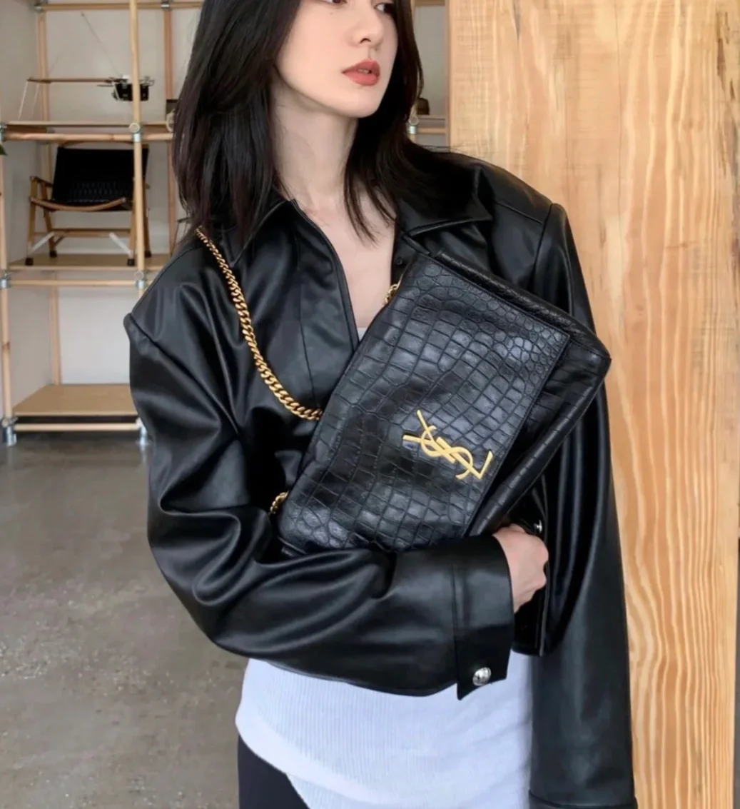 YSL-Kate Double Bread - Кожа с тиснением под крокодила - Черный - 28 см