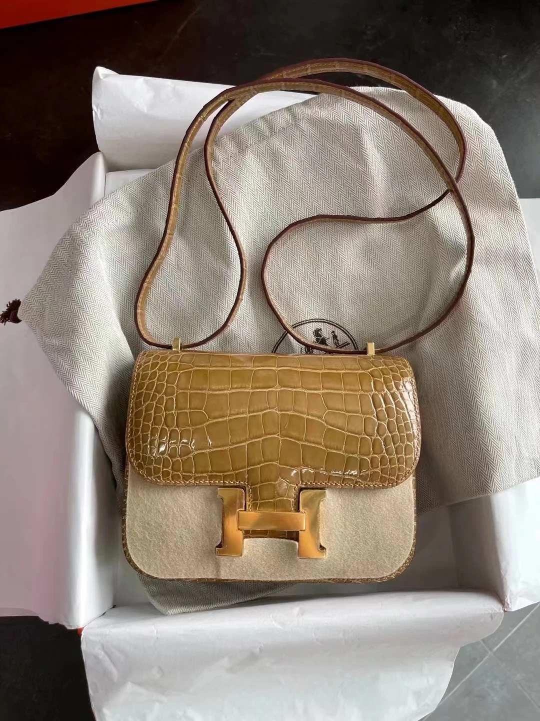 Hermes Constance 19 Миниатюрная пряжка из кожи аллигатора бежевого цвета с золотым покрытием