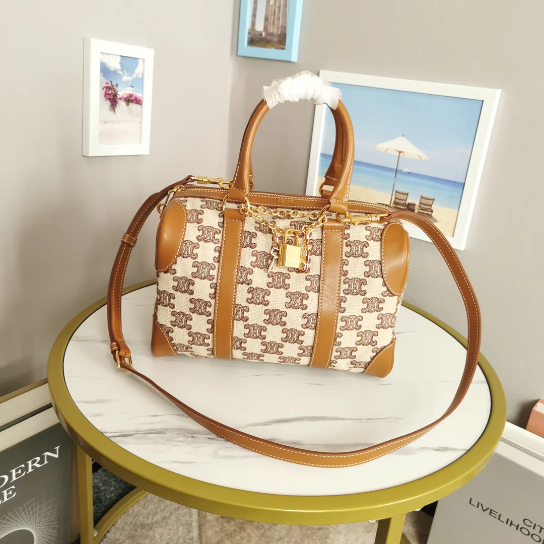 celine-triomphe_boston-Boston bag-embroidered brown