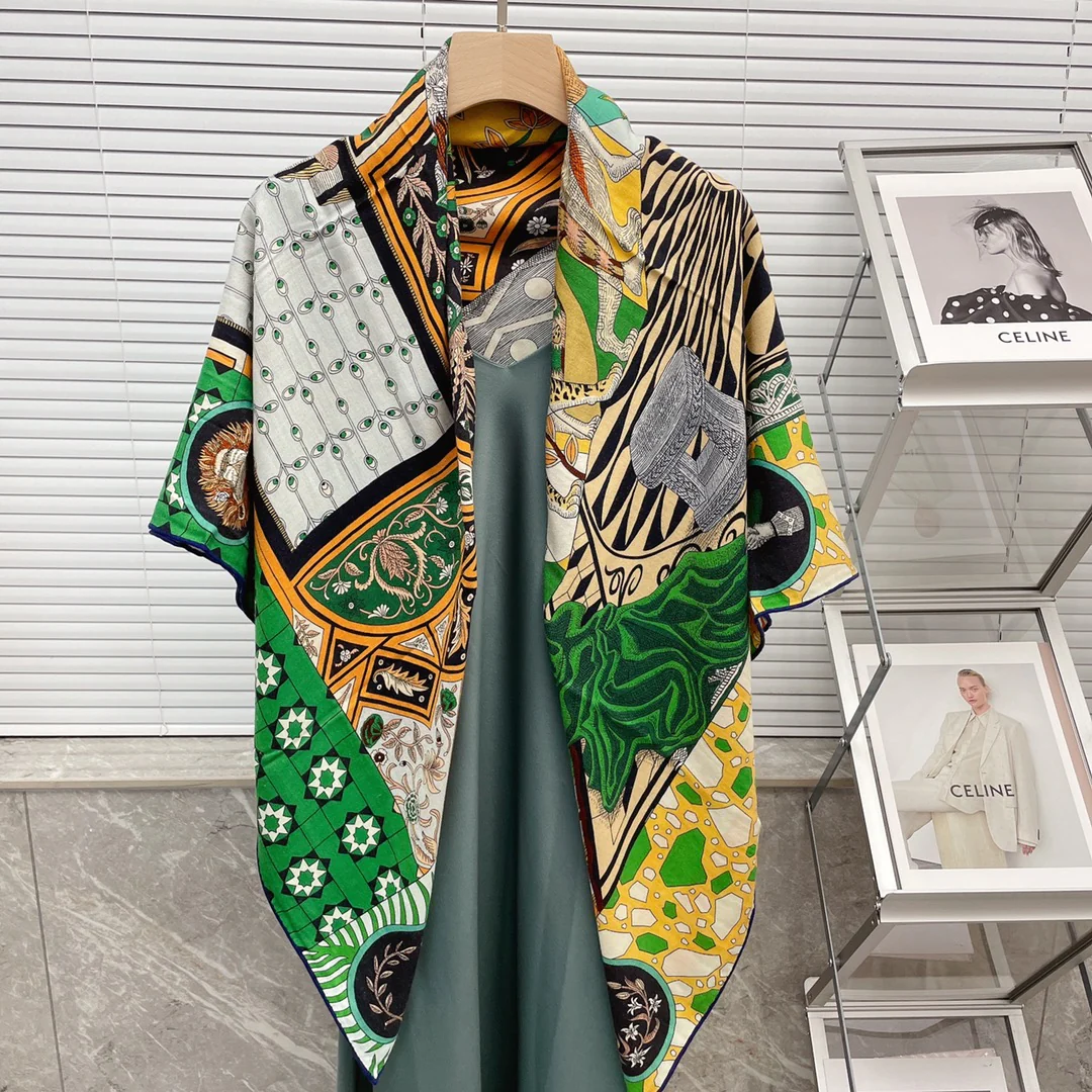 Большой двусторонний шарф Hermes - 140 см - 30 - Шелк 70 - Шерсть - 2