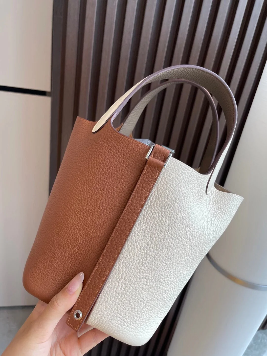 Hermes Picotin 18 - Золотисто-коричневый с отделкой Nata и слоново-серым - Серебряная пряжка