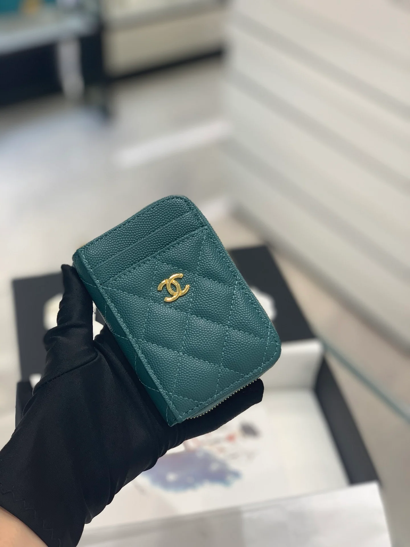 Chanel-菱格纹拉链卡包钱包 湖水绿