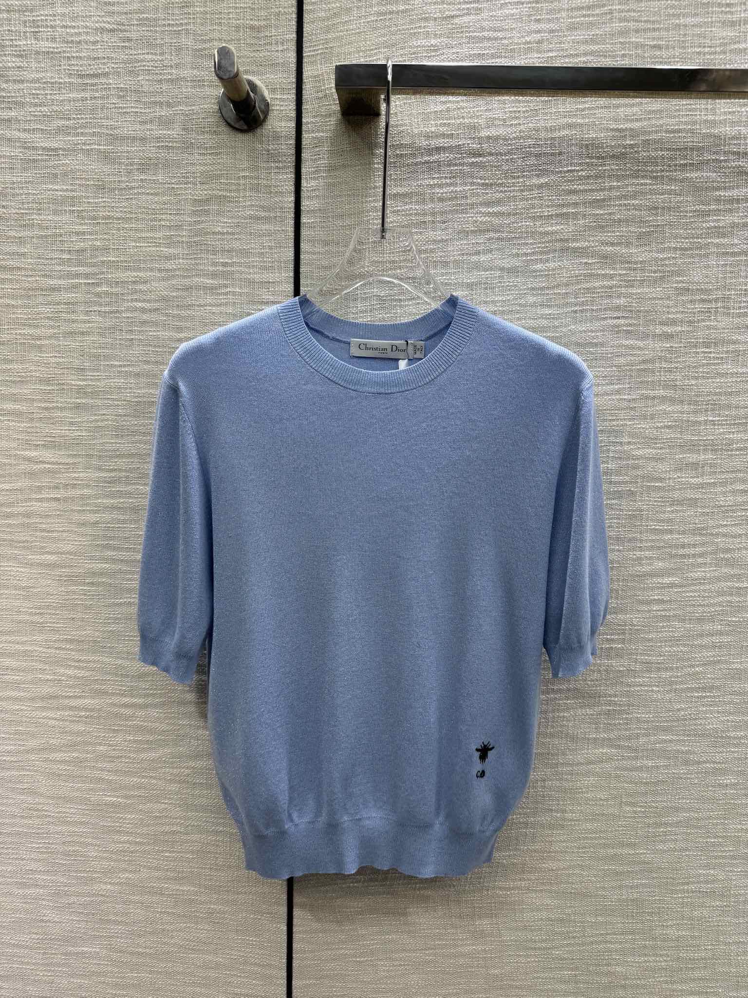 Dior - 2403-24 Коллекция ?Ранняя весна? Однотонная трикотажная футболка с коротким рукавом - Синяя