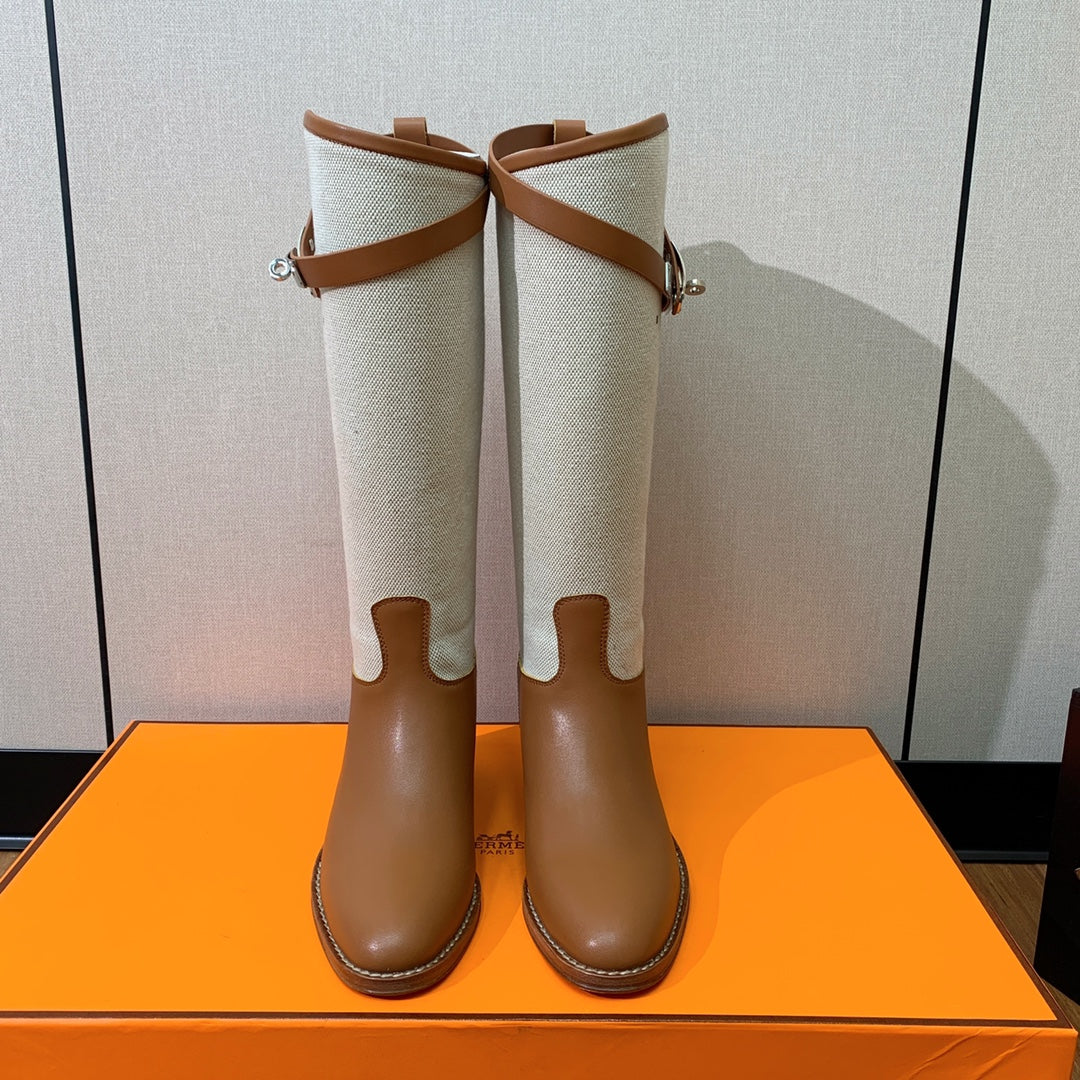 Сапоги для верховой езды Hermes Kelly с пряжкой - двухцветные, коричневые.