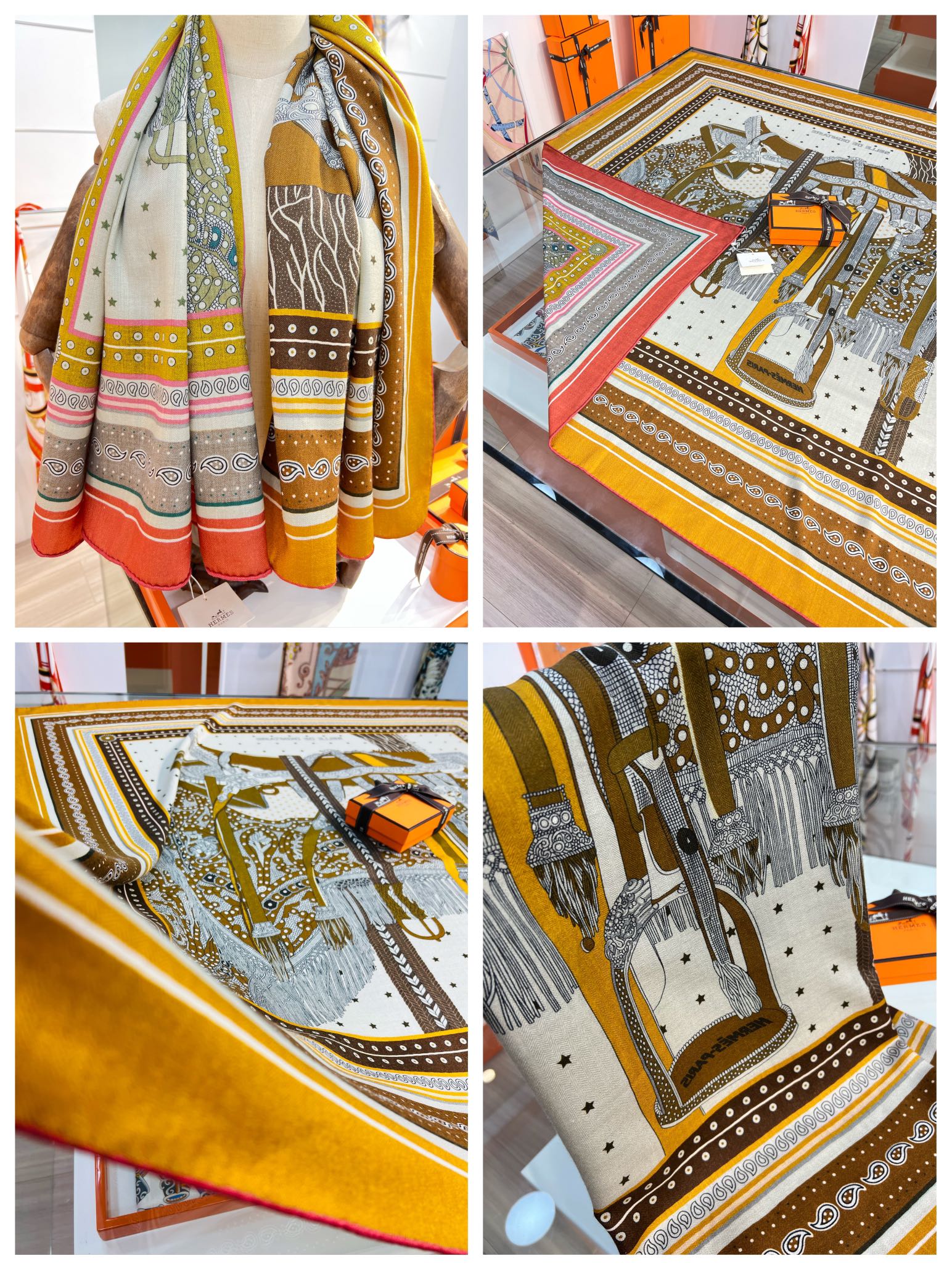 Большой двусторонний бархатный шарф Hermes - 140 см - 001