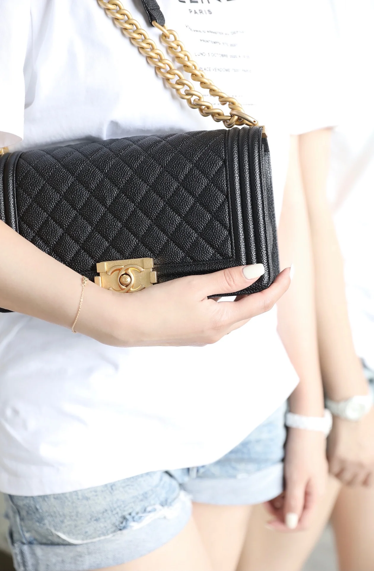 Chanel Le Boy Crystal Diamond Pattern Caviar - Medium - Black Gold