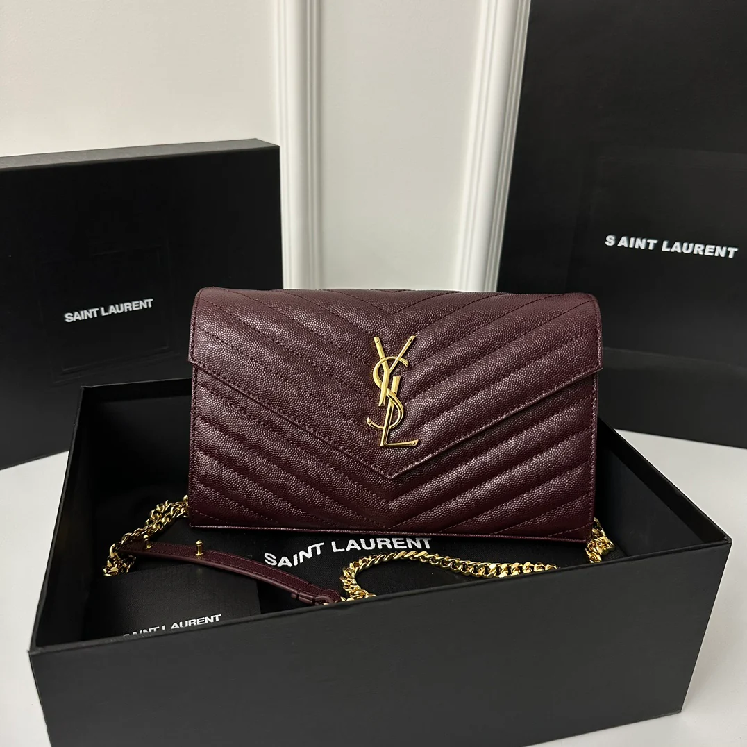 YSL Monogram Caviar - WOC - Бордовый с золотой пряжкой - 22 см