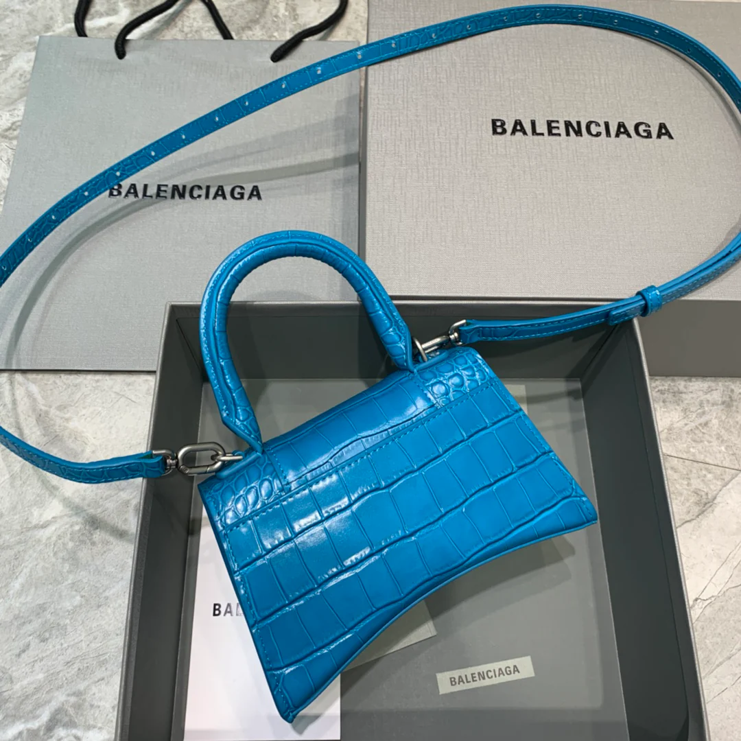 Сумка Balenciaga Hourglass, размер XS, бирюзовый цвет, с крокодиловым узором