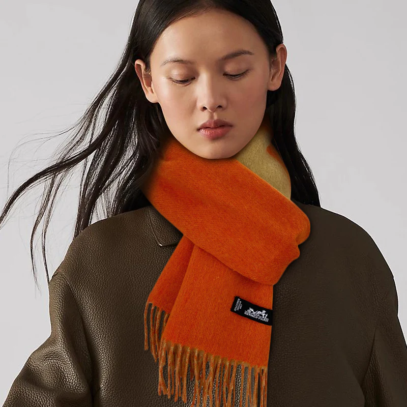Двусторонний полосатый шарф Hermes - 30 см - 180 см - 100% кашемир - оранжевый