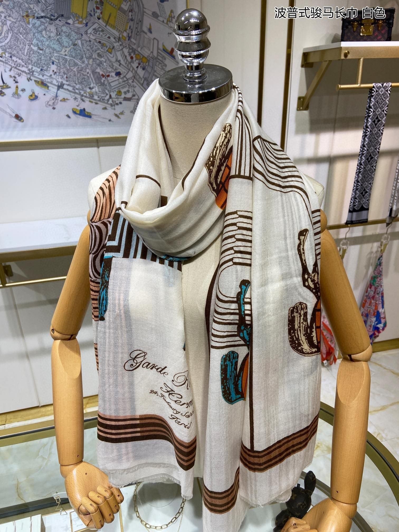 Длинный шарф Hermes Pop Art с изображением лошади - 110-200 см - 100% высококачественный кашемир - белый