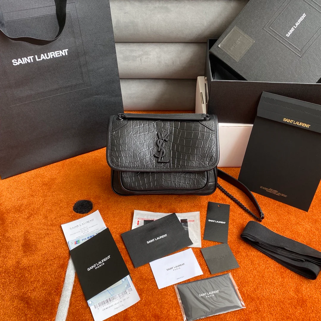 Сумка-мессенджер YSL Niki - Черная - Крокодиловая кожа - 22 см