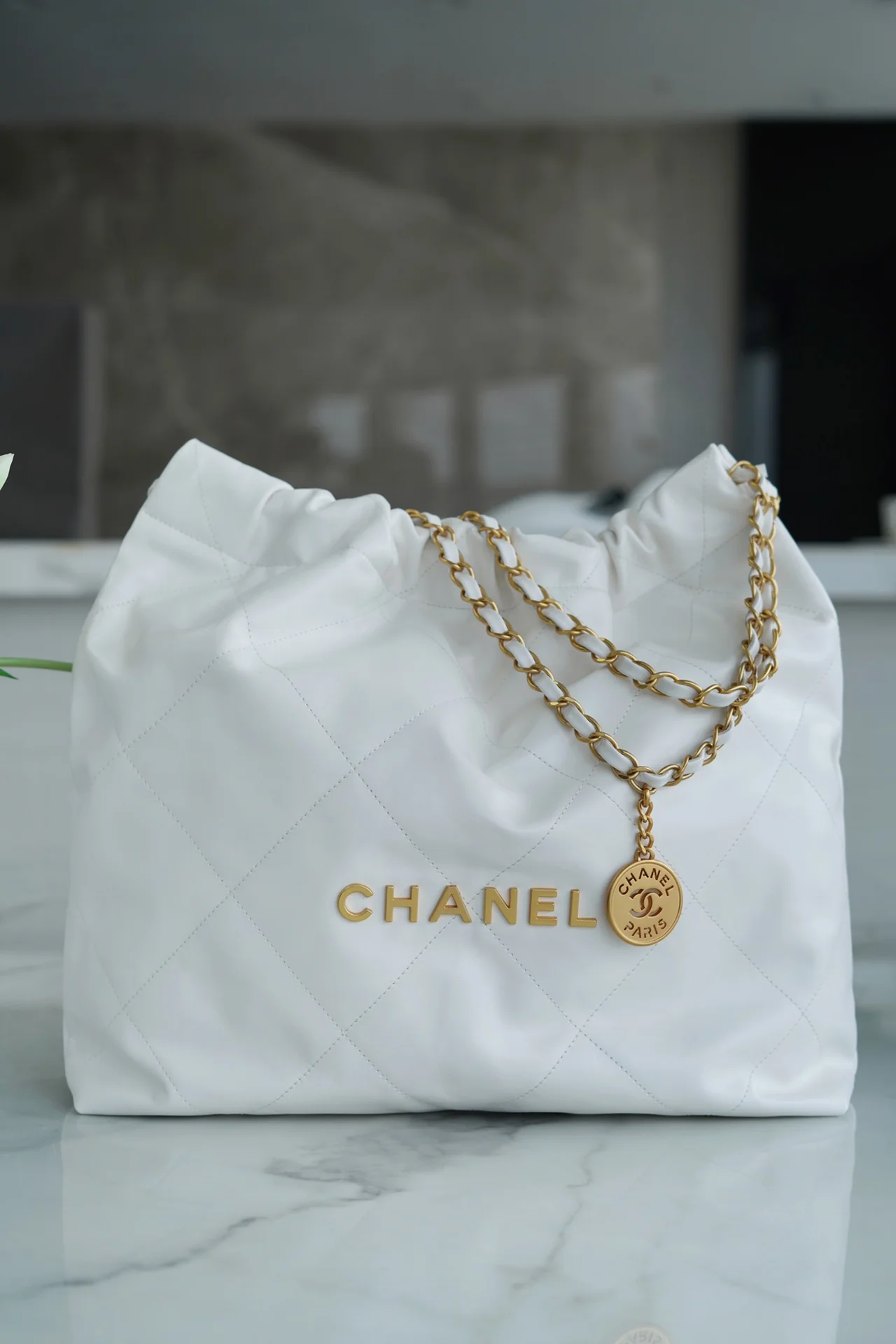 Сумочка Chanel No. 22, средний размер, из белого золота.